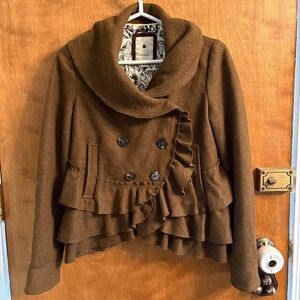 Anthropologie Elevenses Wool Blend Coat Brown Ruffle Butterfly Peacoat Twee 4 S